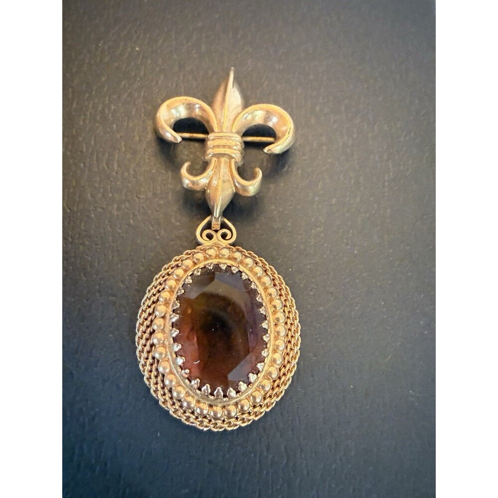 Vintage Brooch Oval Amber Glass Stone Dangling Fleur De Lis Charm 1/20‎ 12K G.F.